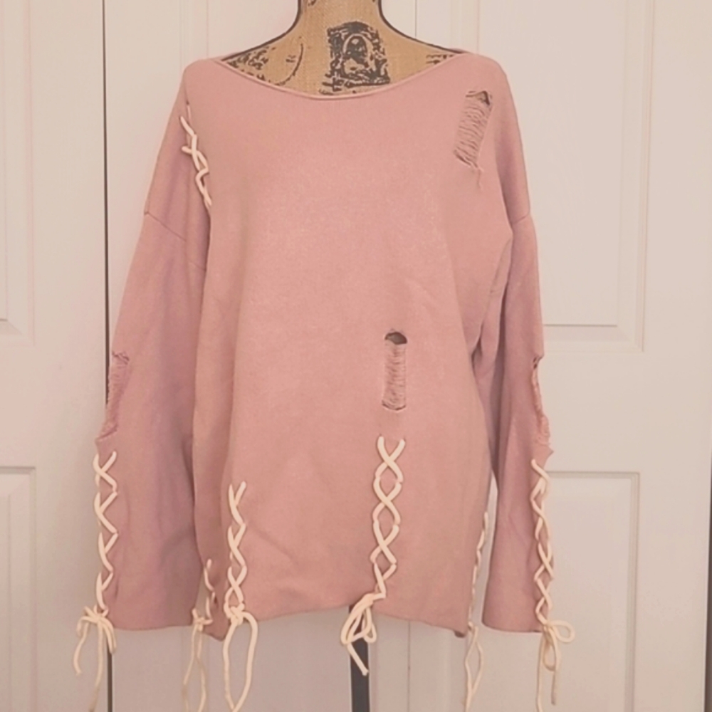 POL Pink Distressed Sweater with Cream Accents